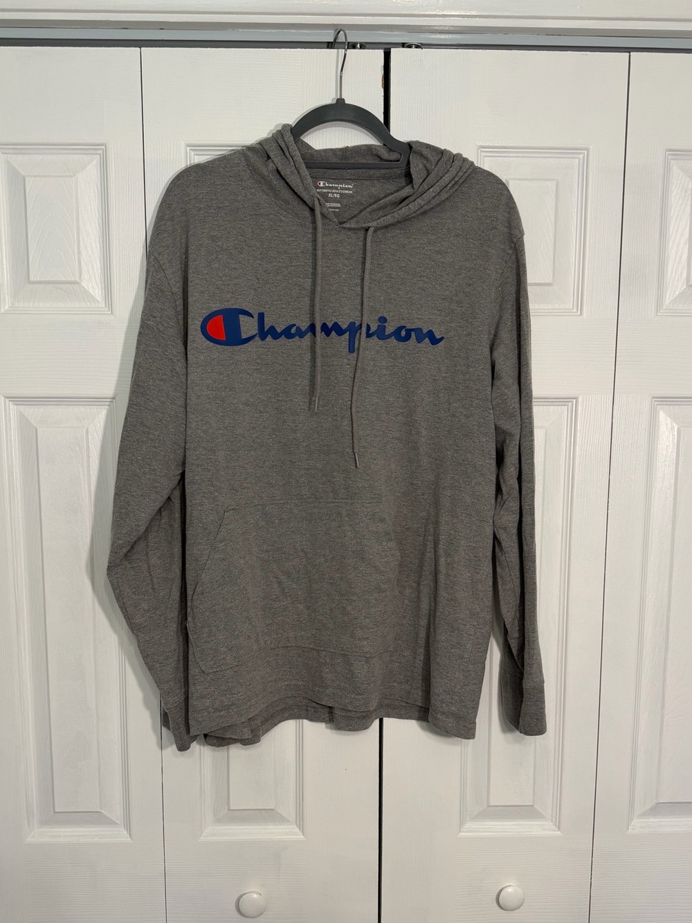 Champion Gray Hoodie with Blue Script and Red Accent